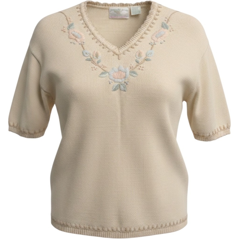 Dana Scott Cream Floral Embroidered V-Neck Short Sleeve Knit Sweater Top